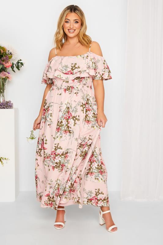 Plus Size YOURS LONDON Curve Light Pink Floral Bardot Ruffle Bridesmaid Maxi Dress | Yours Clothing  2