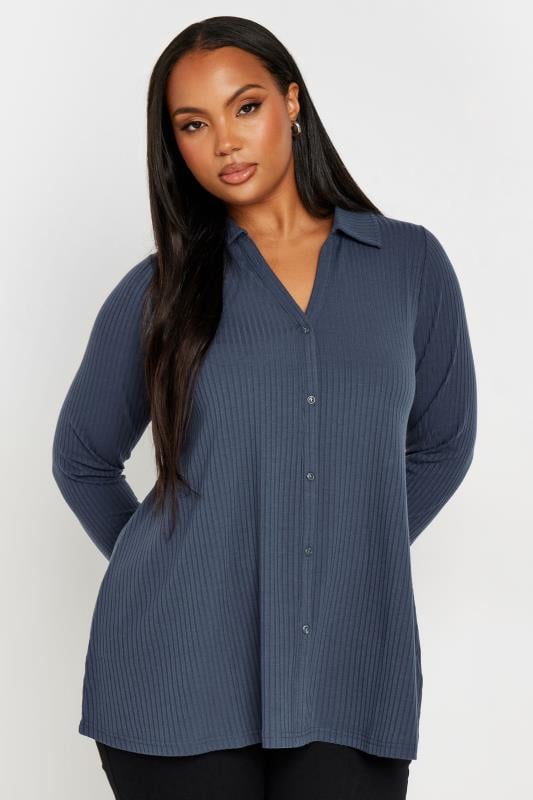 YOURS Plus Size Slate Grey Ribbed Button Front Long Sleeve Collared Top | Yours Clothing 4