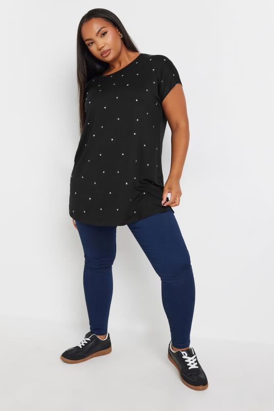 YOURS Plus Size Black Star Embellished Short Sleeve Top | Yours Clothing 2