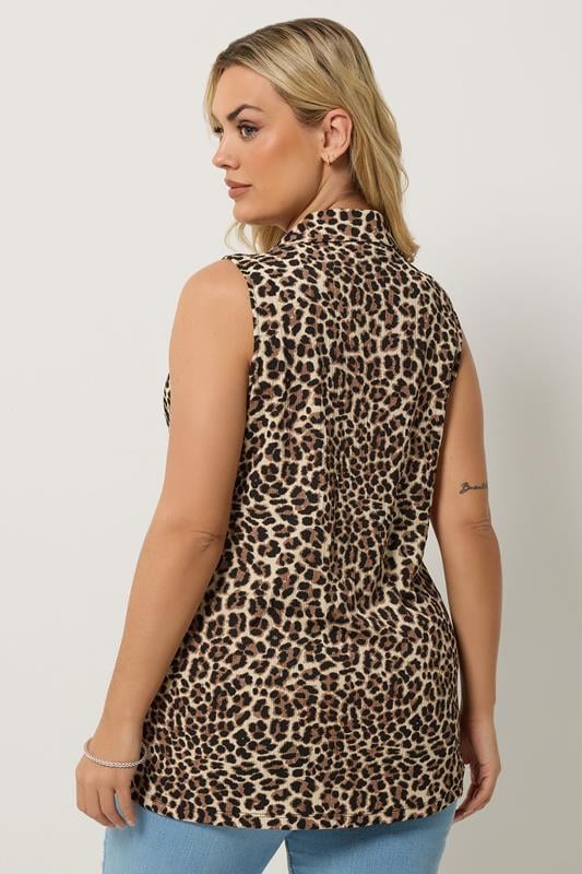 YOURS Plus Size Brown Leopard Print Collared Top | Yours Clothing 2