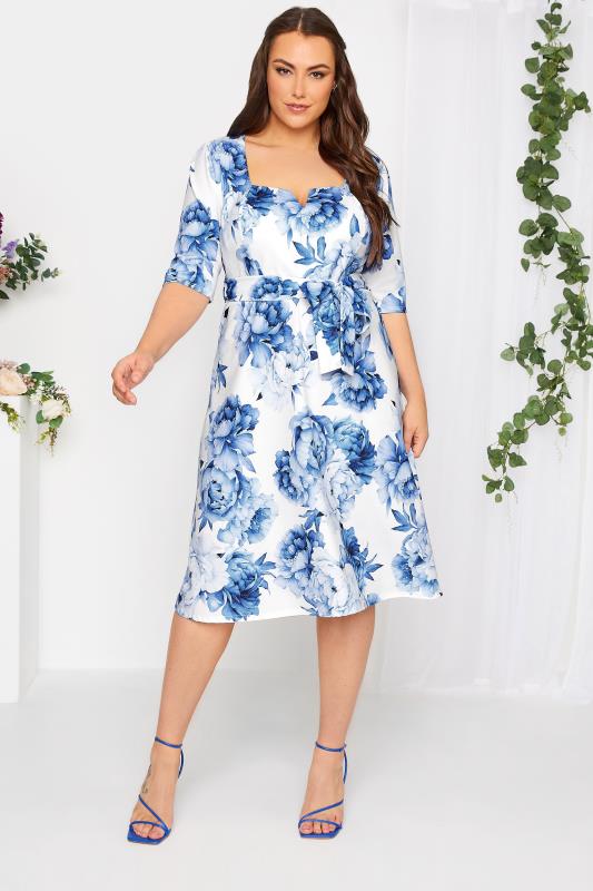  Tallas Grandes YOURS LONDON Curve White & Blue Notch Neck Floral Dress