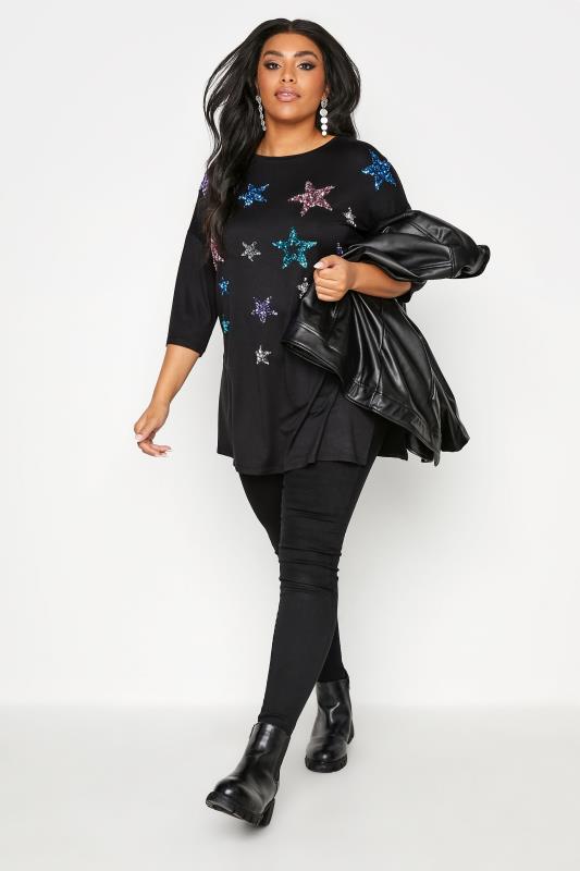 Plus Size Black Sequin Star Print T-Shirt | Yours Clothing 5