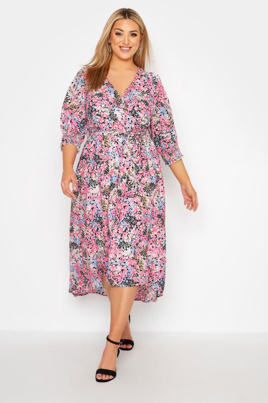 YOURS LONDON Plus Size Pink Puff Sleeve Floral Wrap Dress | Yours Clothing 1