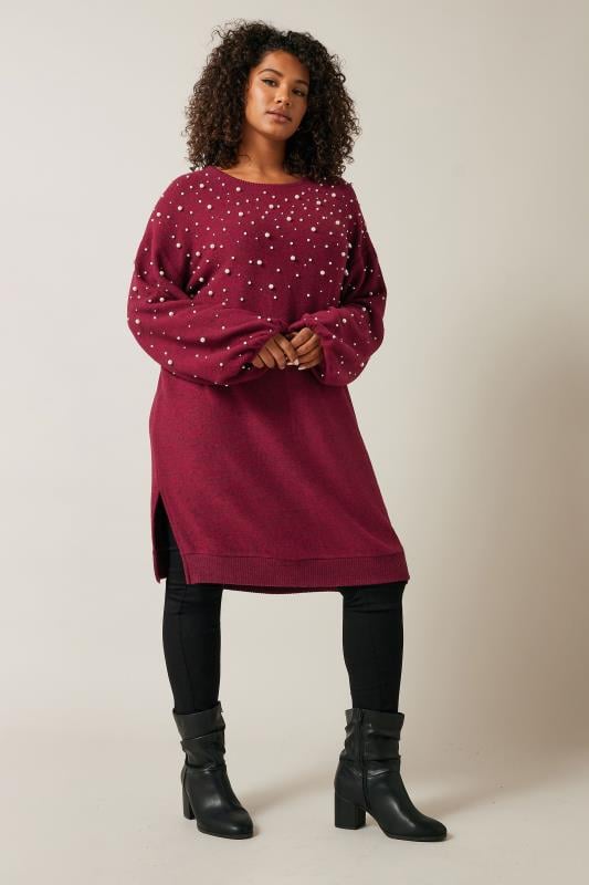 EVANS Plus Size Burgundy Red Pearl Embellished Soft Touch Jumper Dress | Evans 2