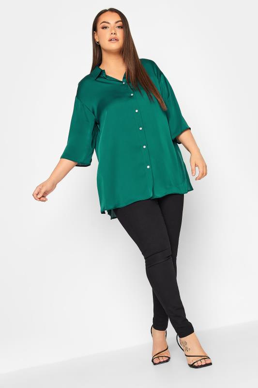 YOURS Plus Size Teal Blue Satin Shirt | Yours Clothing 2