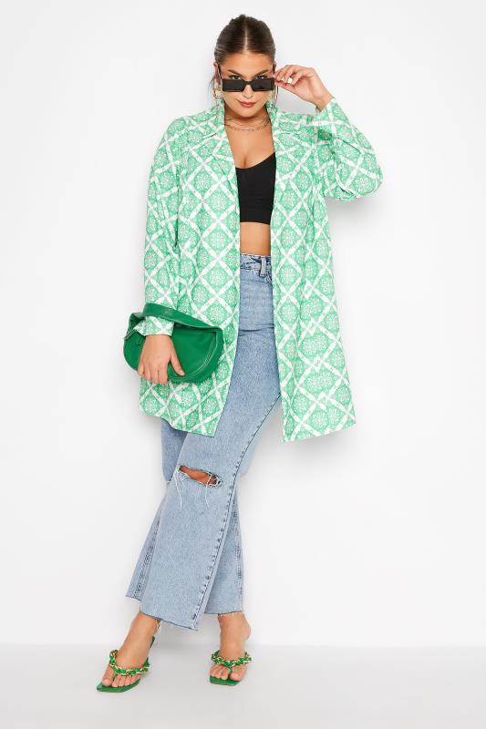 LIMITED COLLECTION Plus Size White & Green Tile Print Blazer | Yours Clothing 2