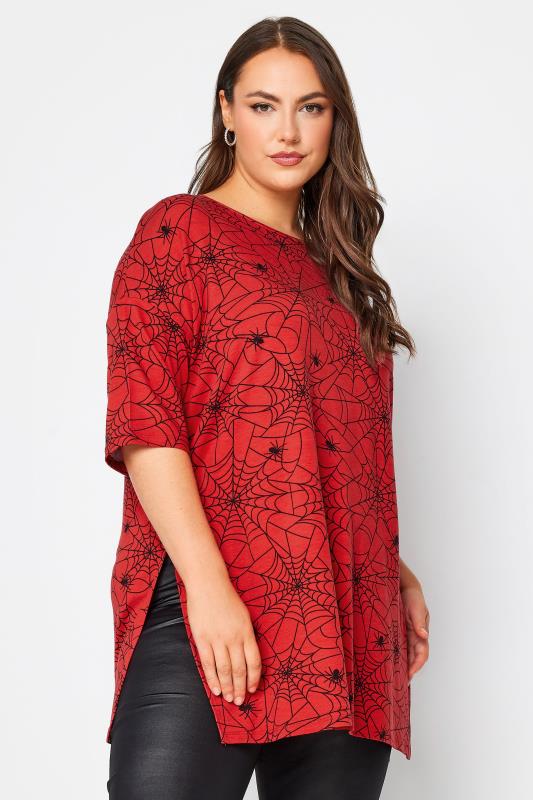 Plus Size  YOURS Curve Red Cobweb Print Halloween T-Shirt
