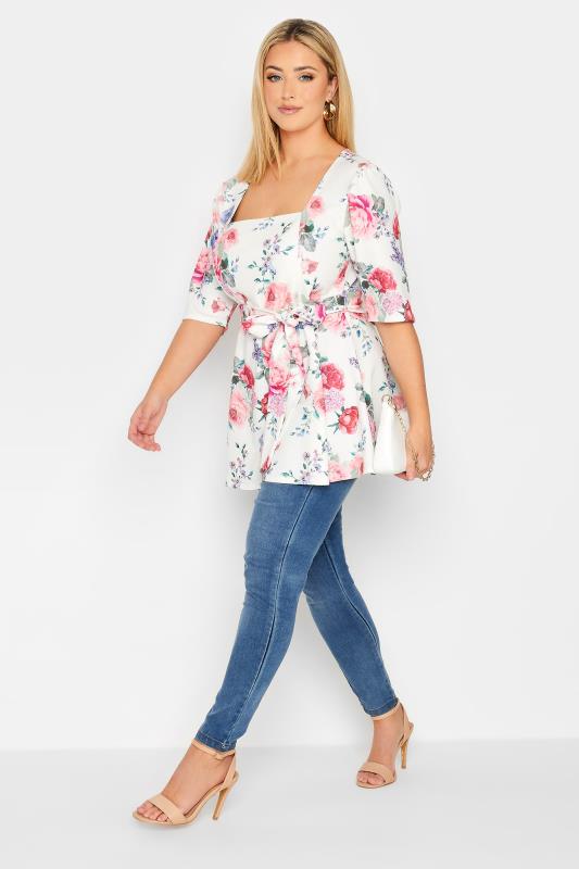 YOURS LONDON Plus Size White & Pink Floral Print Peplum Top | Yours Clothing 2