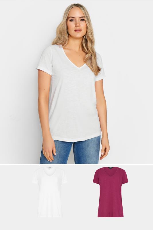 LTS Tall Womens 2 PACK White & Berry Red V-Neck T-Shirts | Long Tall Sally 1