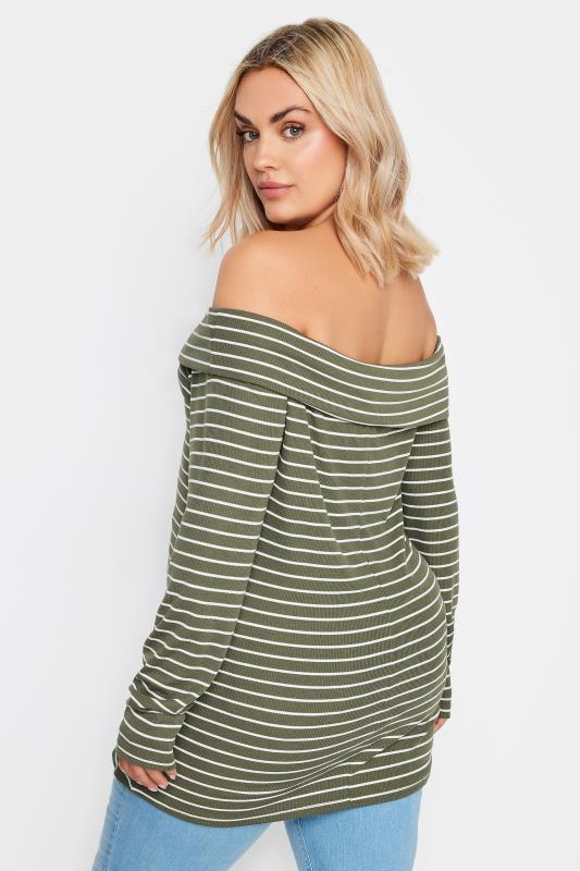 YOURS Plus Size Green Stripe Long Sleeve Bardot Top | Yours Clothing 4