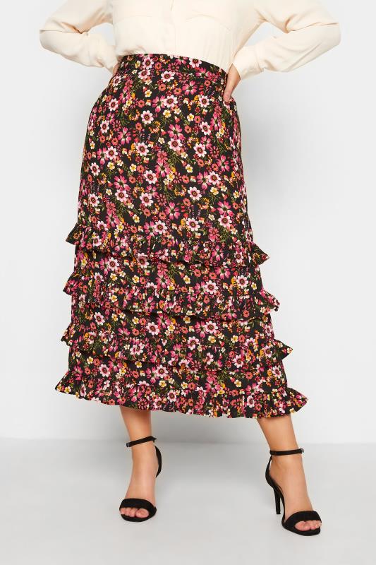  YOURS LONDON Curve Black Floral Print Tiered Ruffle Midi Skirt