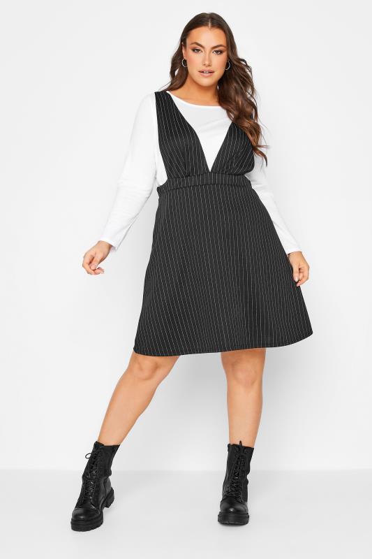 LIMITED COLLECTION Plus Size Black Pinstripe Pinafore Dress | Yours Clothing 1