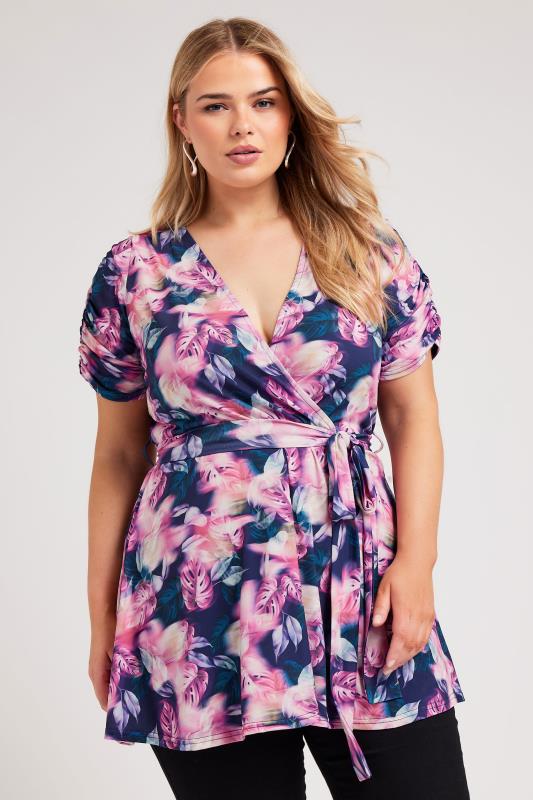 YOURS LONDON Plus Size Pink Tropical Print Wrap Top | Yours Clothing 1