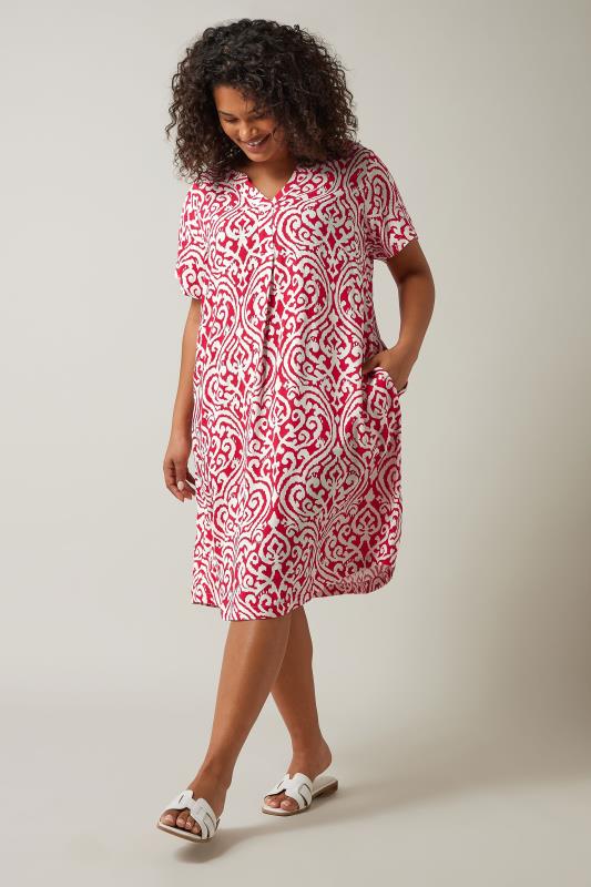 EVANS Plus Size Red Abstract Print Pleat Front Midi Dress | Evans 2