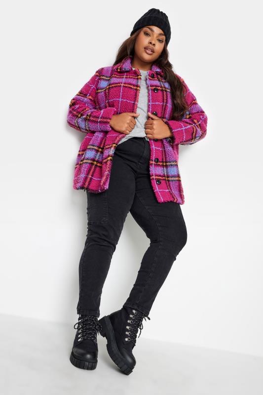 YOURS Plus Size Pink Check Print Button Through Fleece | Yours Clothing 2