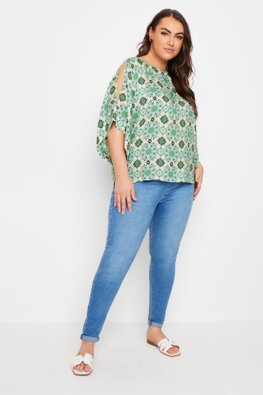 YOURS Plus Size Green Abstract Print Cold Shoulder Blouse | Yours Clothing 2