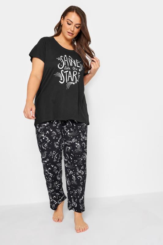 YOURS Plus Size Black 'Shine Like the Stars' Slogan Pyjama Set | Yours Clothing 2