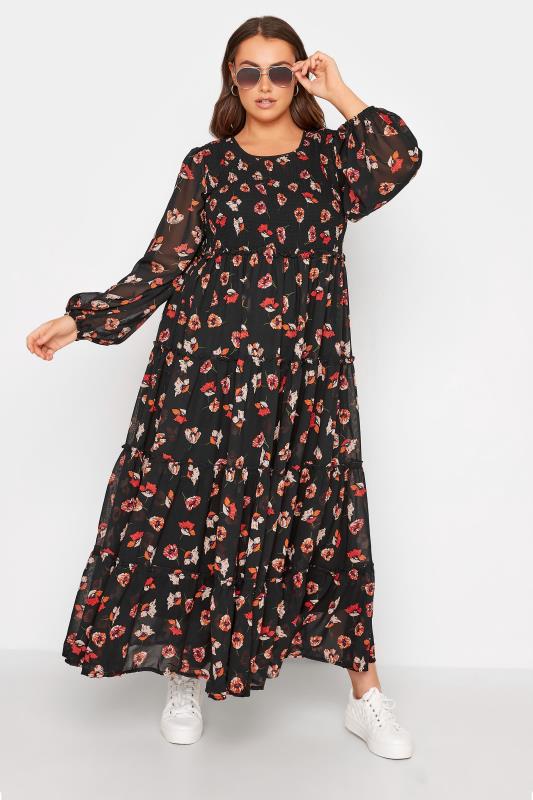LIMITED COLLECTION Curve Black Shirred Floral Tiered Maxi Dress 2