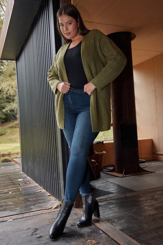 YOURS Plus Size Khaki Green Distressed Knit Cardigan | Yours Clothing 2