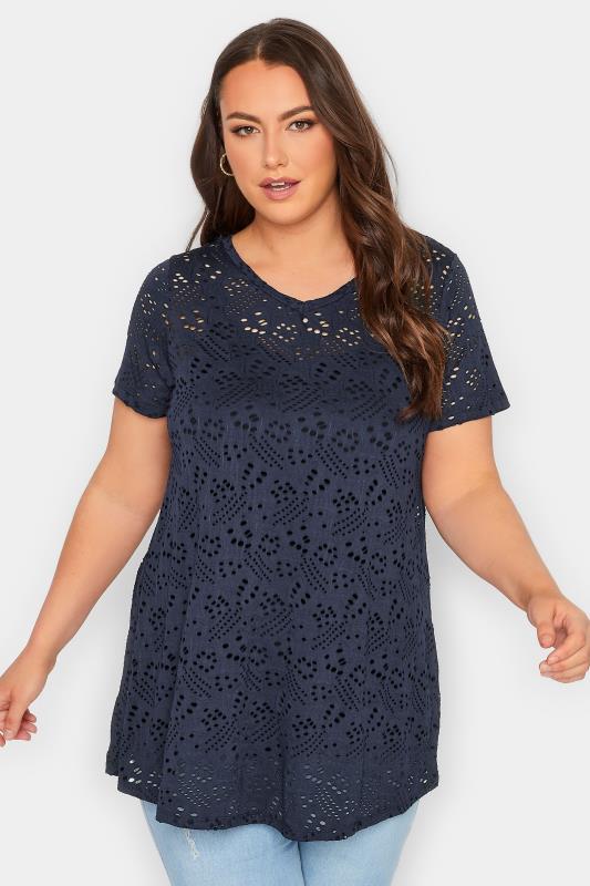 YOURS Curve Plus Size Navy Blue Broderie Swing T-Shirt | Yours Clothing  1