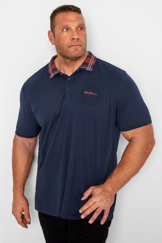 Plus Size  BEN SHERMAN Navy Check Collar Interest Polo Shirt