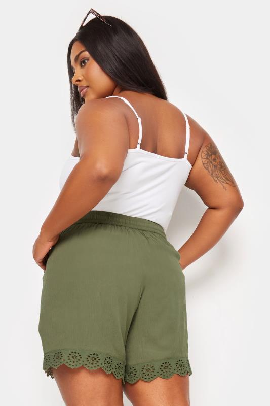 YOURS Plus Size Khaki Green Broderie Anglaise Scalloped Shorts | Yours Clothing 3