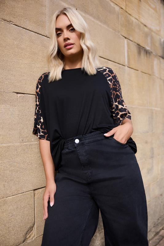 Plus Size  YOURS Curve Black Leopard Print Sleeve Top