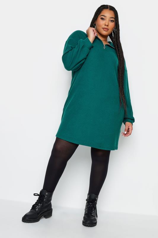 YOURS Plus Size Green Soft Touch Zip Neck Jumper Dress | Yours Clothing 2
