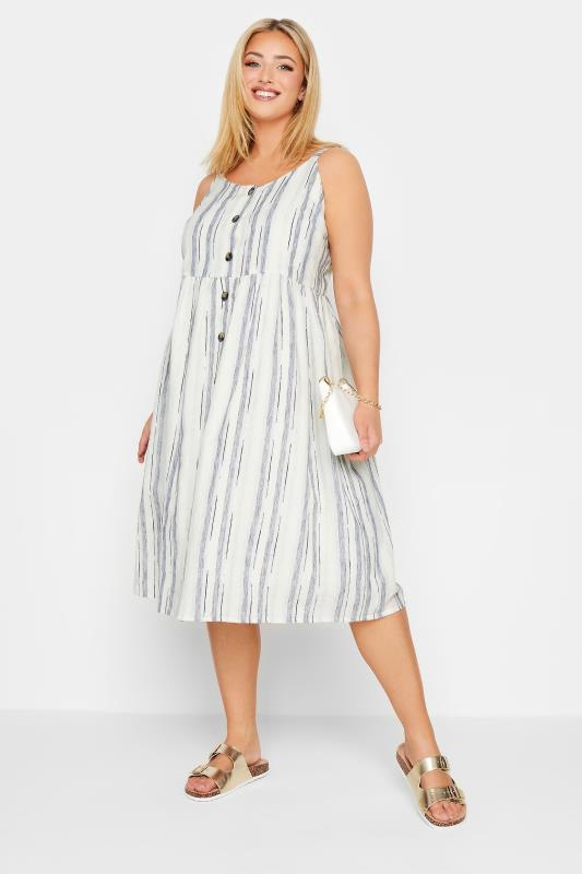 YOURS Plus Size White Stripe Button Lined Strappy Sundress | Yours Clothing 2