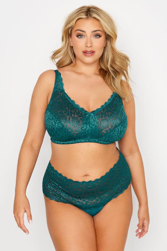Plus Size Teal Blue Hi Shine Lace Non-Padded Non-Wired Full Cup Bra | Yours Clothing 2