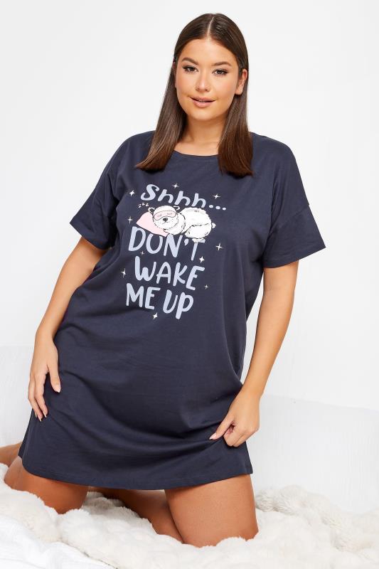 YOURS Curve Navy Blue 'Shhh..Don't Wake Me Up' Nightdress | Yours Clothing 1