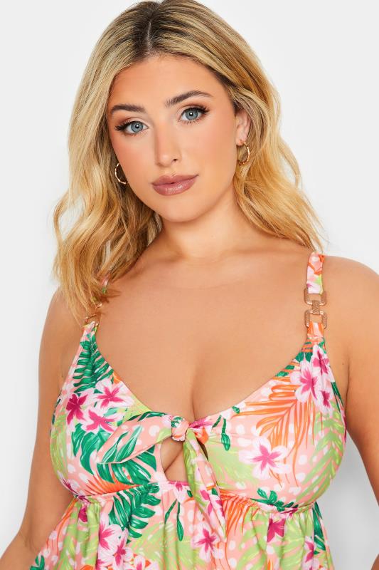 YOURS Curve Plus Size Pink Tropical Print Hanky Hem Swimdress | Yours Clothing  4