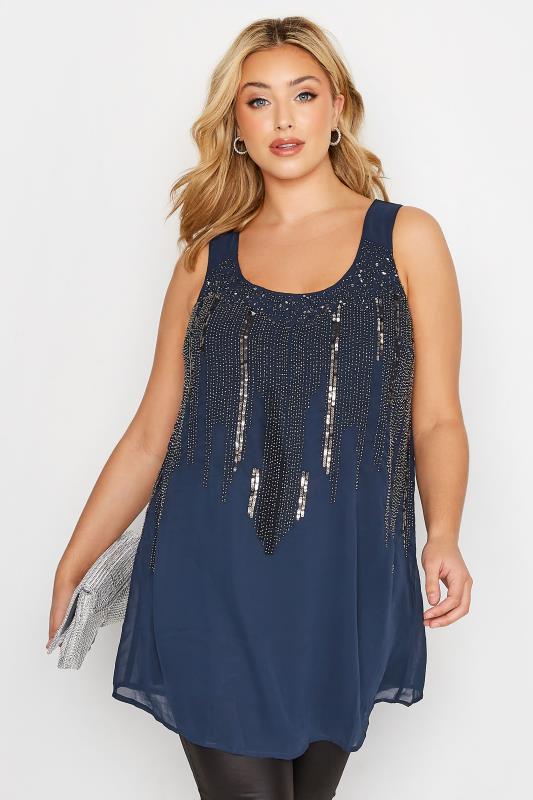 Plus Size LUXE Navy Blue Sequin Hand Embellished Cami Top | Yours Clothing 1