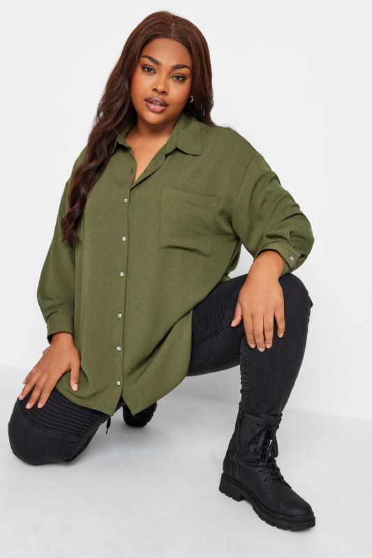 Yours Plus Size Khaki Green Cuffed Sleeve Shirt | Yours Closing 4