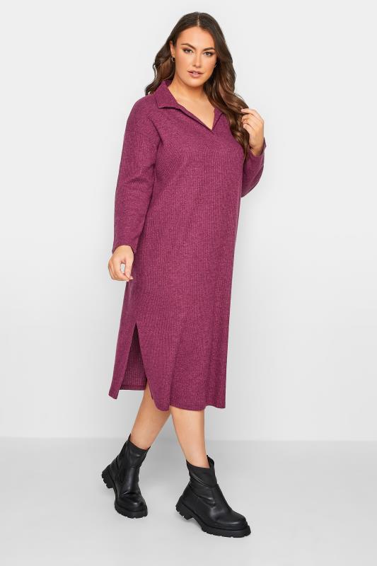  dla puszystych YOURS Curve Plum Purple Soft Touch Open Collar Midi Jumper Dress