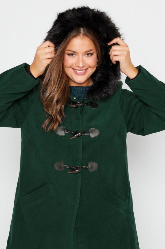 Plus Size Forest Green Faux Fur Trim Duffle Coat | Yours Clothing 5