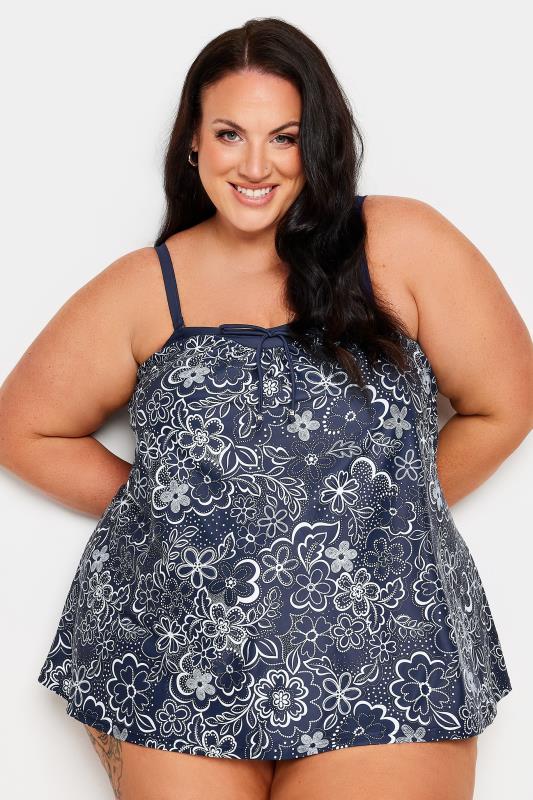 YOURS Plus Size Blue Floral Print A-Line Tankini Top | Yours Clothing 1
