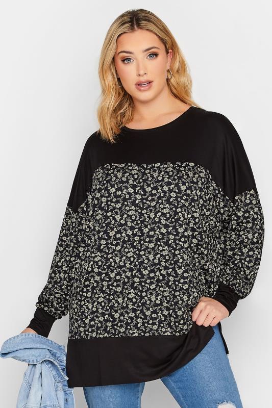 Plus Size Black Floral Print Long Sleeve Top | Yours Clothing  1