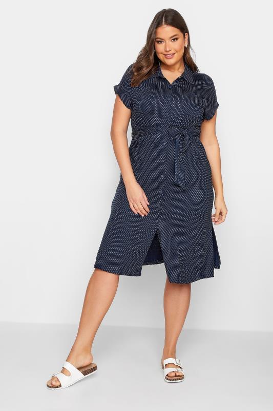 YOURS Curve Plus Size Navy Blue Polka Dot Split Hem Shirt Dress | Yours Clothing  1