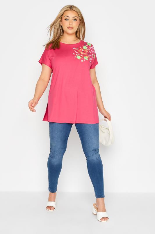 Plus Size Pink Floral Shoulder Detail T-Shirt | Yours Clothing 2