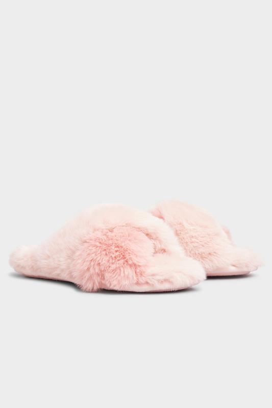 LTS Pink Faux Fur Cross Strap Slippers In Standard D Fit | Long Tall Sally  4
