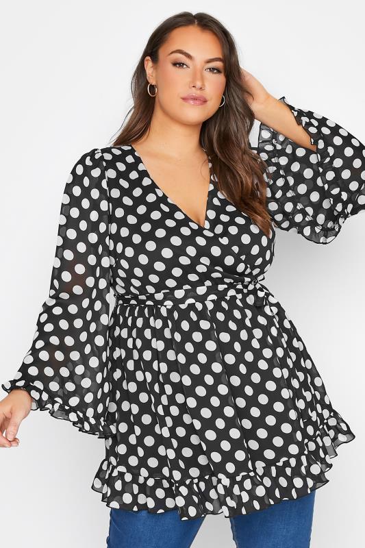 YOURS LONDON Plus Size Black Polka Dot Ruffle Wrap Top | Yours Clothing 1