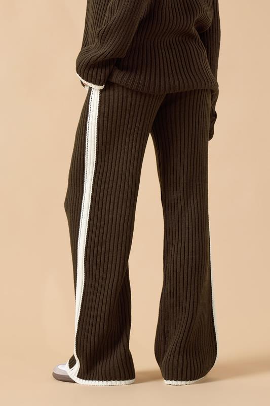 PixieGirl Petite Women's Chocolate Brown Knitted Side Stripe Trousers | PixieGirl 2