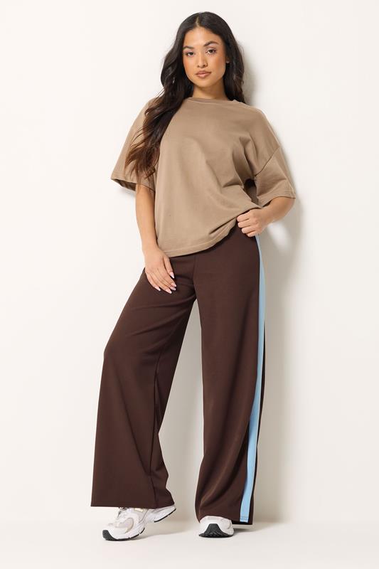 PixieGirl Petite Women's Chocolate Brown Side Stripe Scuba Wide Leg Trousers | PixieGirl 1