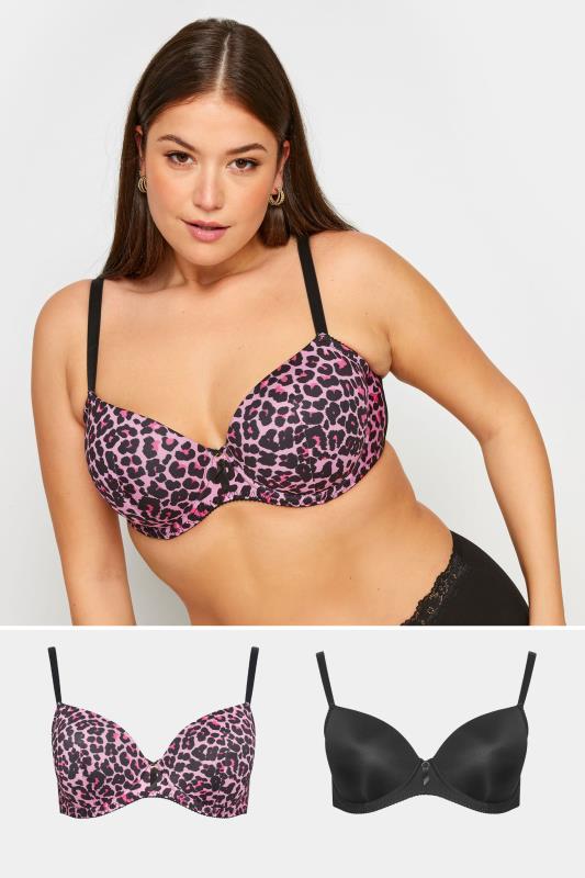 YOURS Plus Size 2 PACK Pink & Black Leopard Print T-Shirt Bras | Yours Clothing 1
