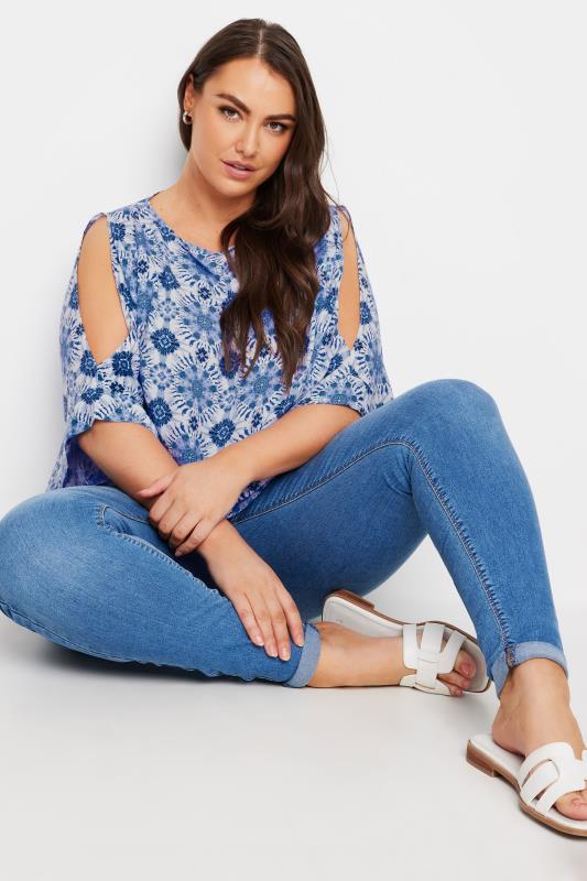 YOURS Plus Size Blue Abstract Print Cold Shoulder Blouse | Yours Clothing 4