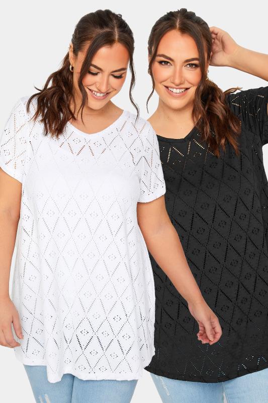Plus Size  YOURS 2 PACK Curve Black & White Broderie Anglaise Swing Tops
