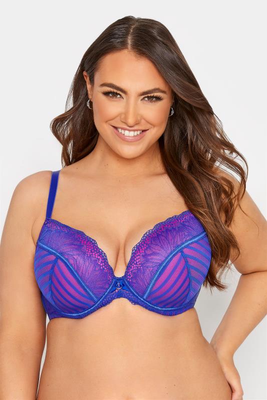 Plus Size  Blue Embroidered Stripe Balcony Bra - Available In Sizes 38DD - 48G