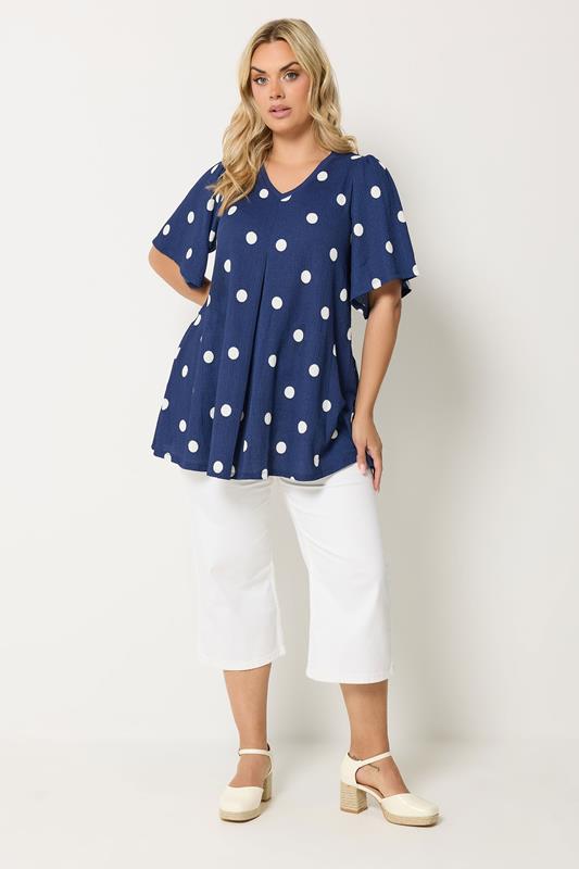 YOURS Plus Size Cobalt Blue Polka Dot Pleat Front Top | Yours Clothing 1