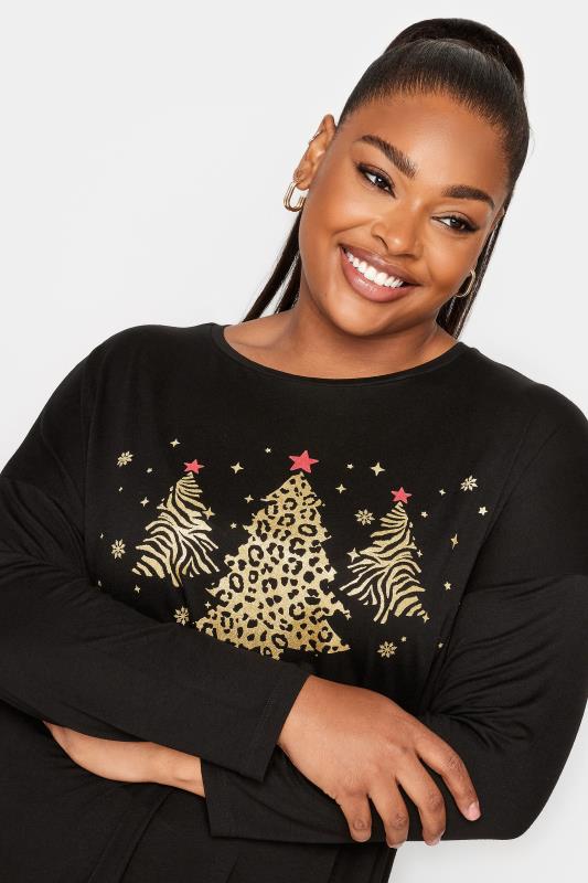 YOURS Plus Size Black Animal Print Christmas Tree Novelty T-Shirt | Yours Clothing 4